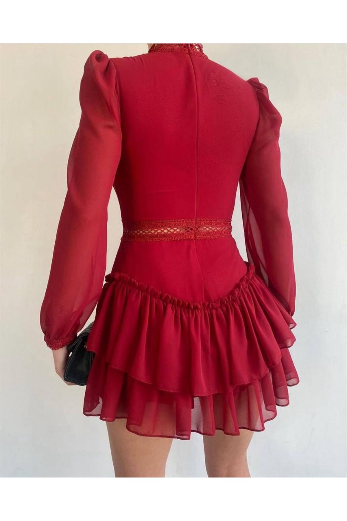 Dekolte Tül Mini Elbise - Kırmızı
